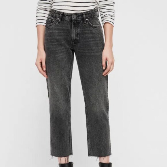All Saints Ava Faded Black Straight Mid-Rise Denim Jeans with Distressed Hems - Picture 1 of 8